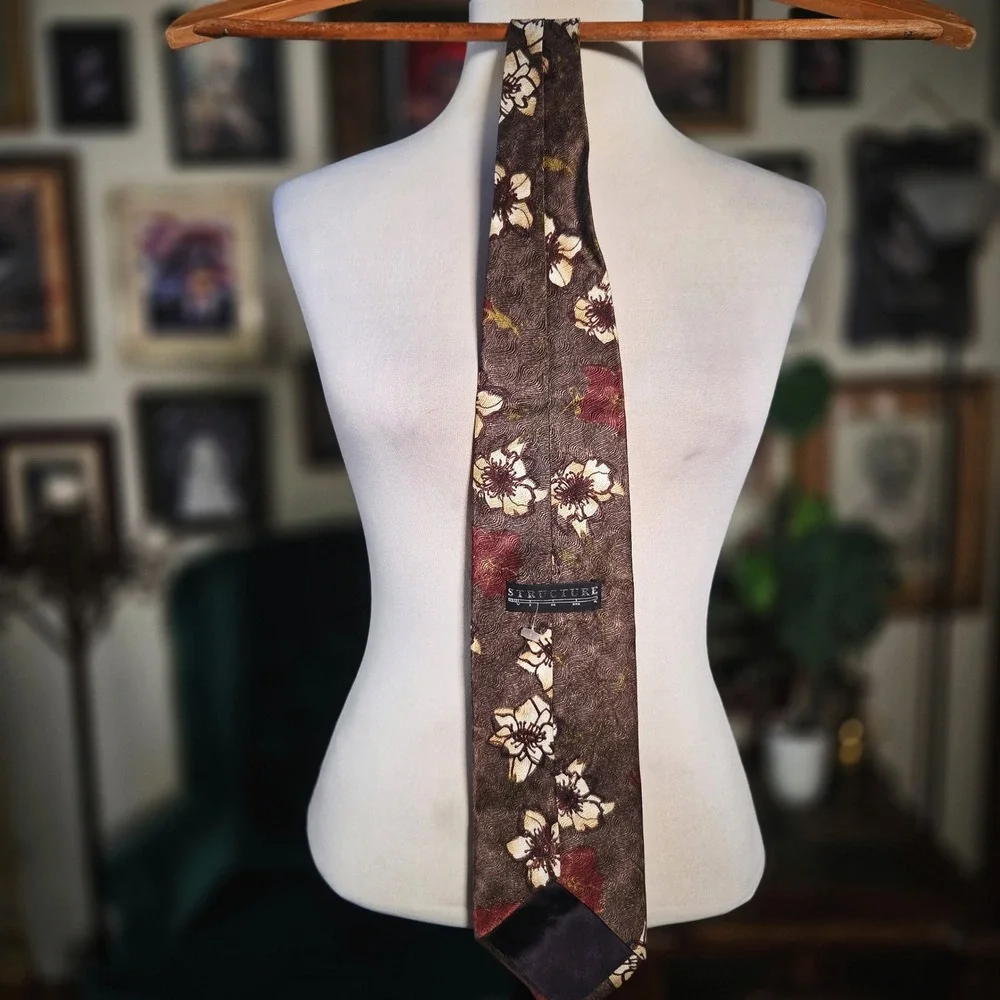 Structure Silk Tie Brown Floral Print Vintage 90s Retro Mens Necktie Made in USA